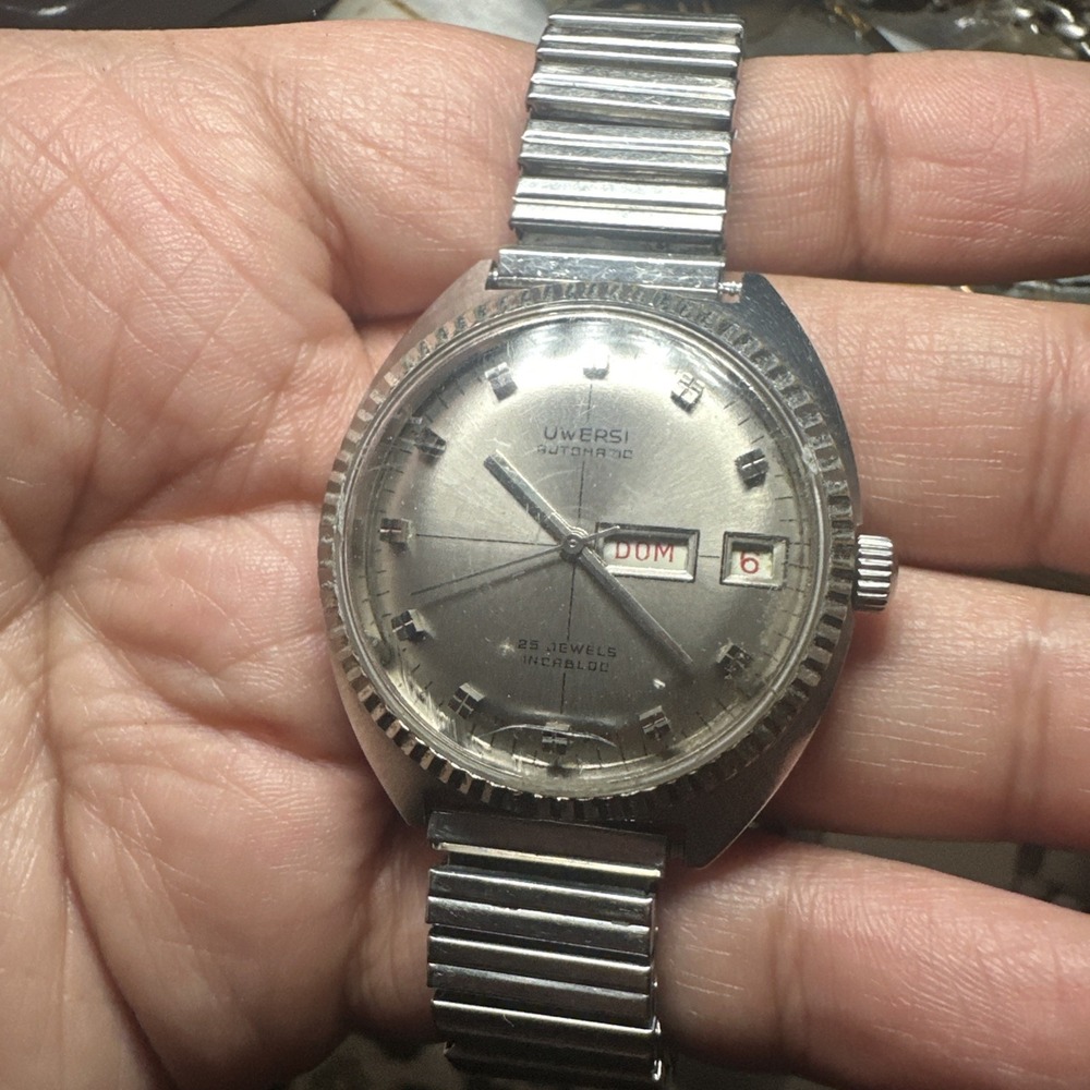 Working 1970s VTG‎ Uwersi Automatic 25J Incabloc Swiss Mens Watch 36mm 8" READ!